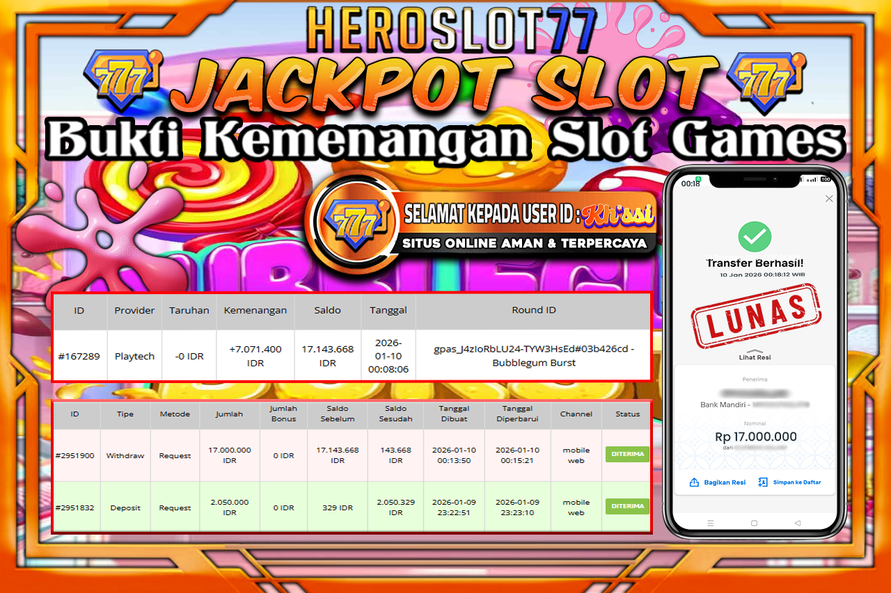 HEROSLOT77 JACKPOT SLOT BUBBLEGUM BURST  Rp17.000.000.- LUNAS!!!